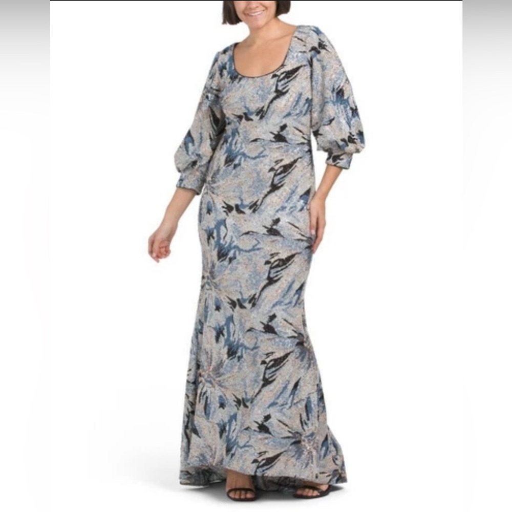 Badgley Mischka Blue and Black Floral Maxi Dress